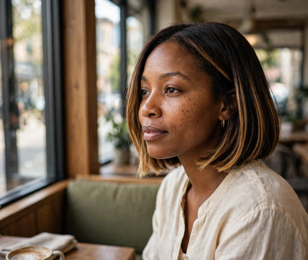 Woman with a honey balayage dark french bob at a cafe