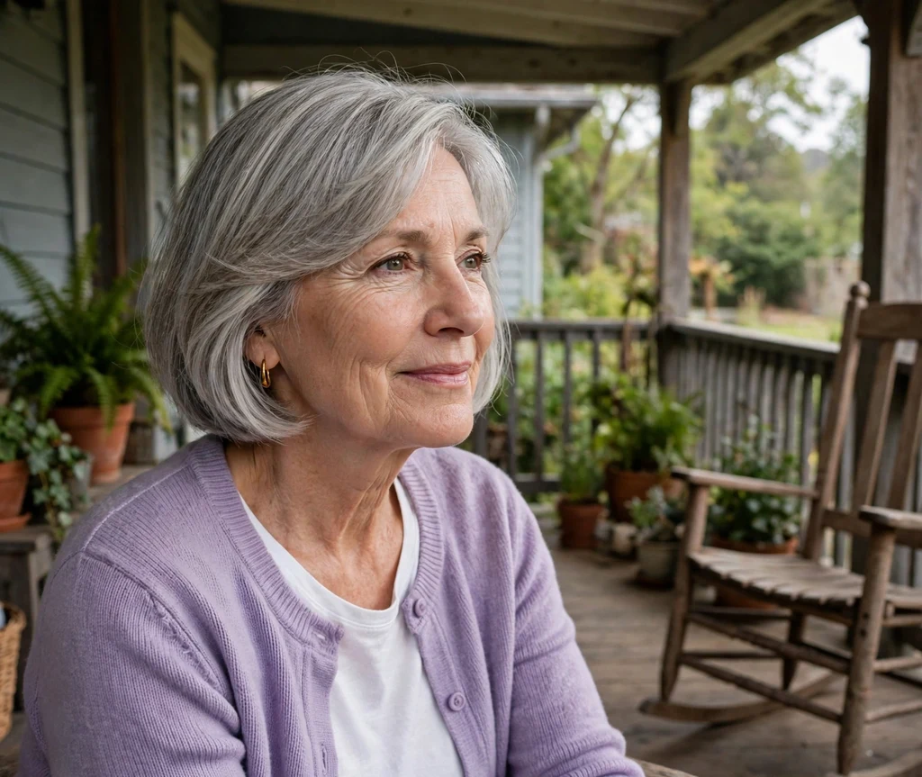 Woman with a silver-grey french bob on a porch