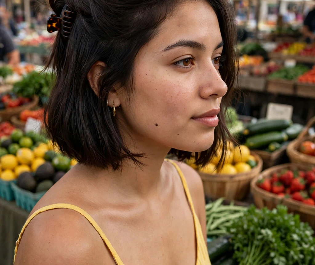 Woman with a half-up twisted dark-brown french bob at a farmers market