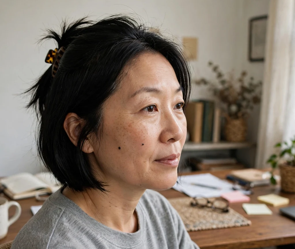 Woman with a black french bob held with a claw clip at a home office
