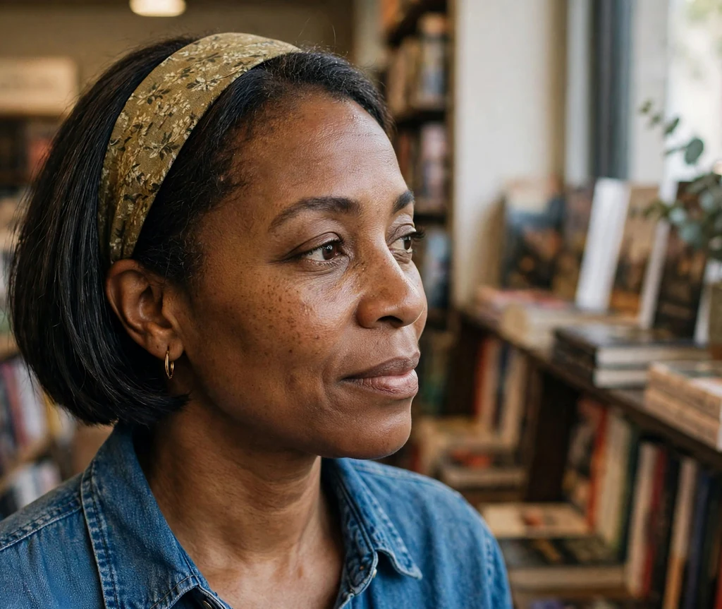 Woman with a dark french bob and a headband in a bookstore