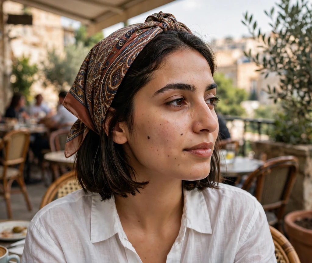 Woman with a dark-brown french bob and a silk scarf at a terrace cafe