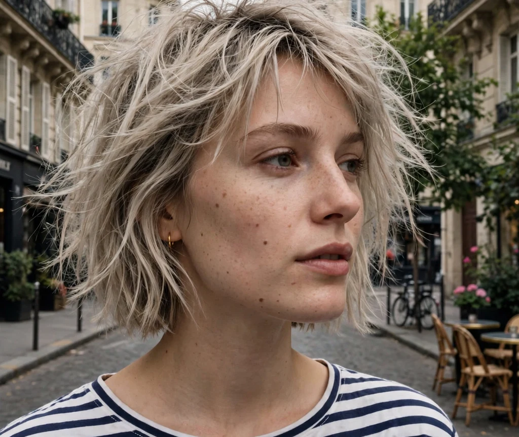 Woman with a messy ash-blonde parisian french bob on a Paris street