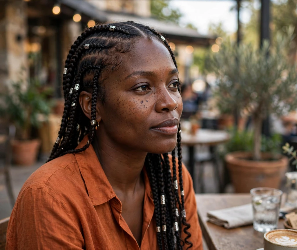 Woman with classic middle-part Fulani braids and silver beads on a coffee shop patio