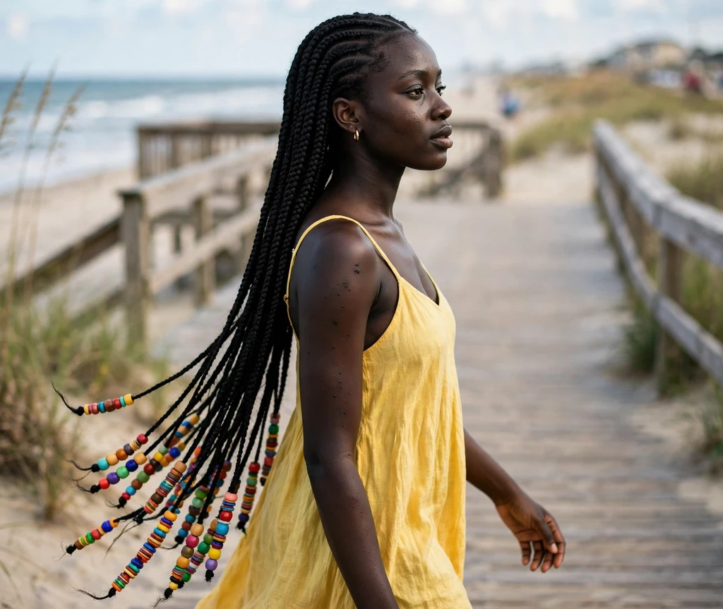 Woman with waist-length beaded Fulani braids on a beach boardwalk