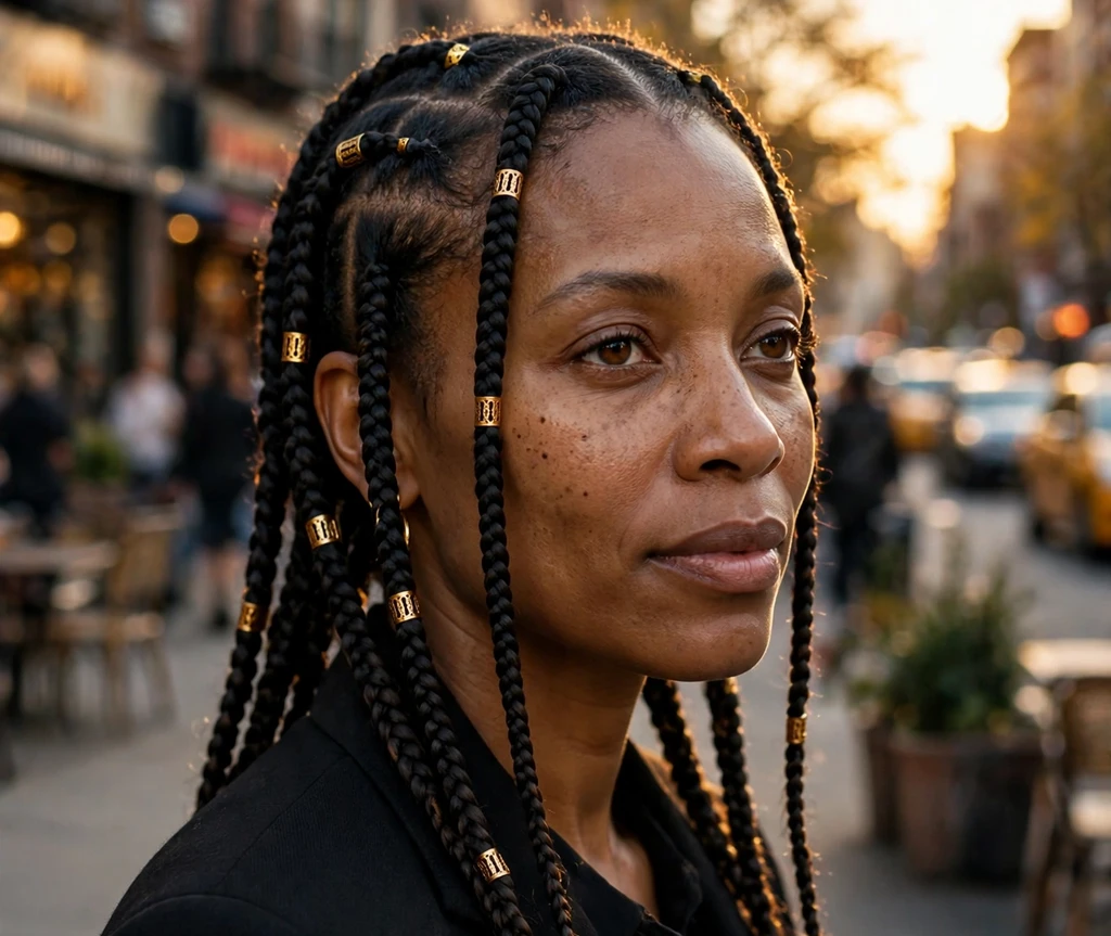Woman with Fulani braids wrapped in gold cuffs on a city street