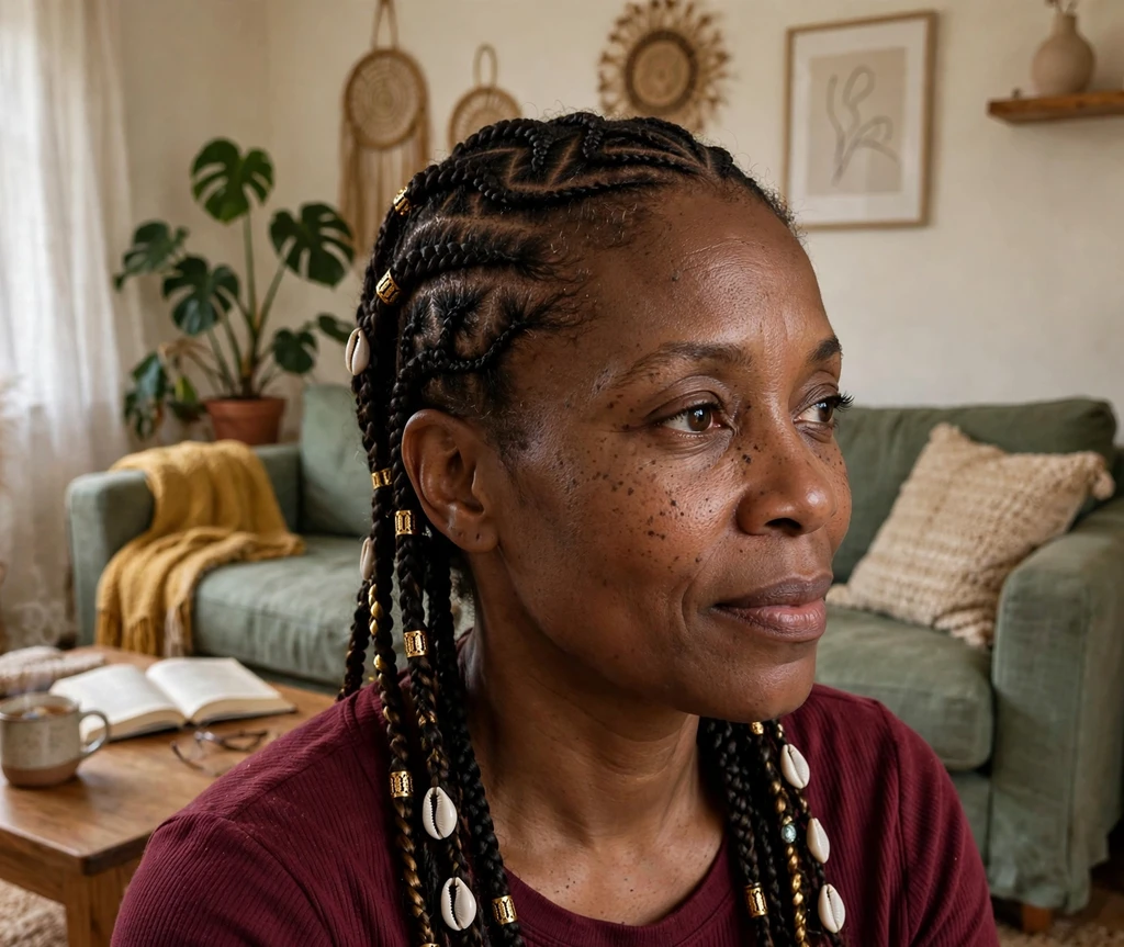 Woman with Fulani braids and cornrow patterns on the crown
