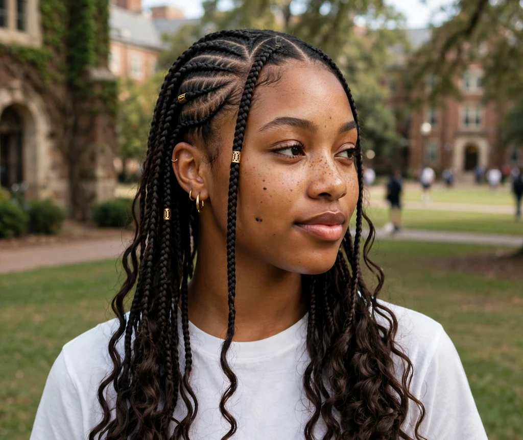 Woman with Fulani braids ending in loose curls on a campus lawn