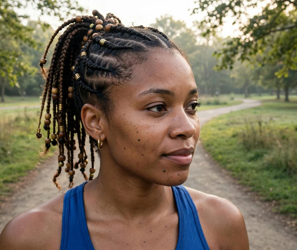 Woman with Fulani braids in a high beaded ponytail on a park trail