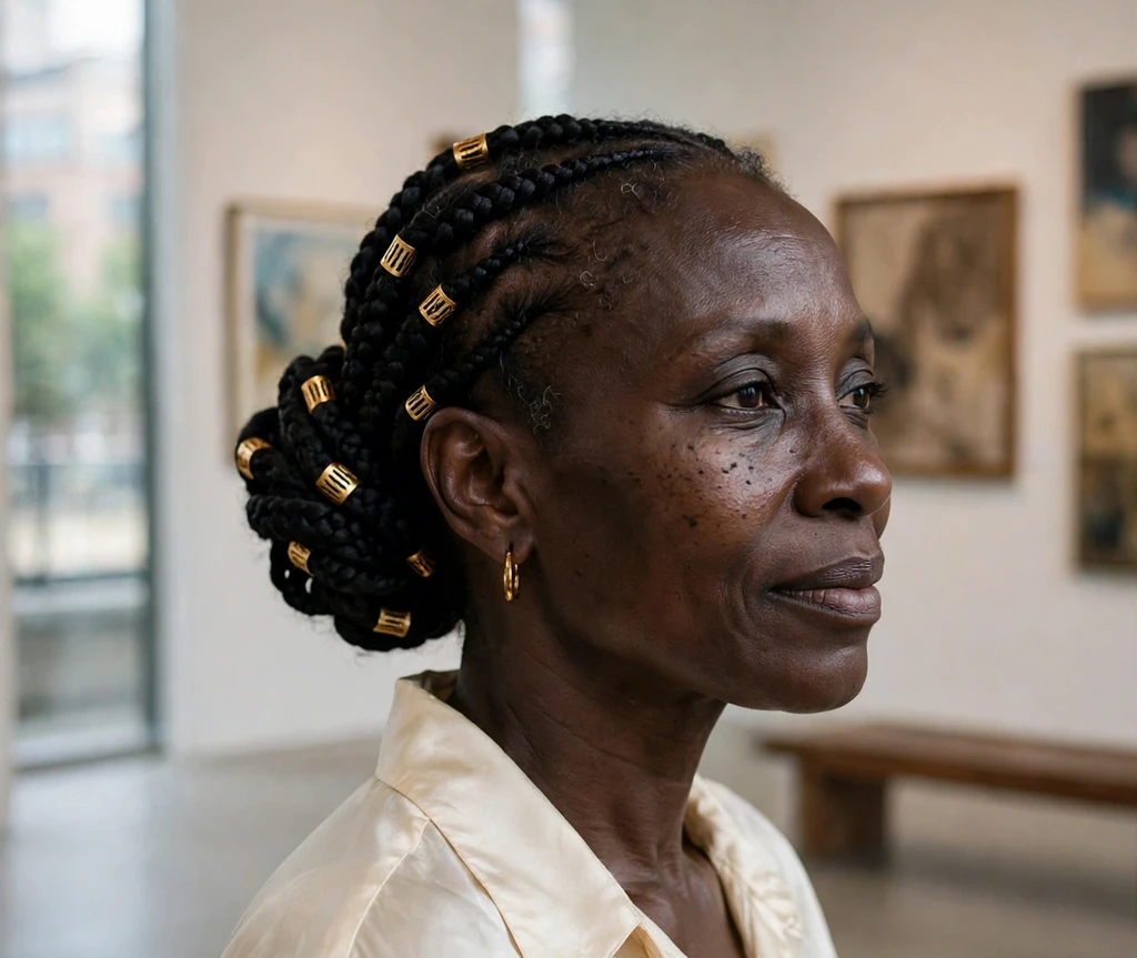 Woman with Fulani braids twisted into a low bun in an art gallery
