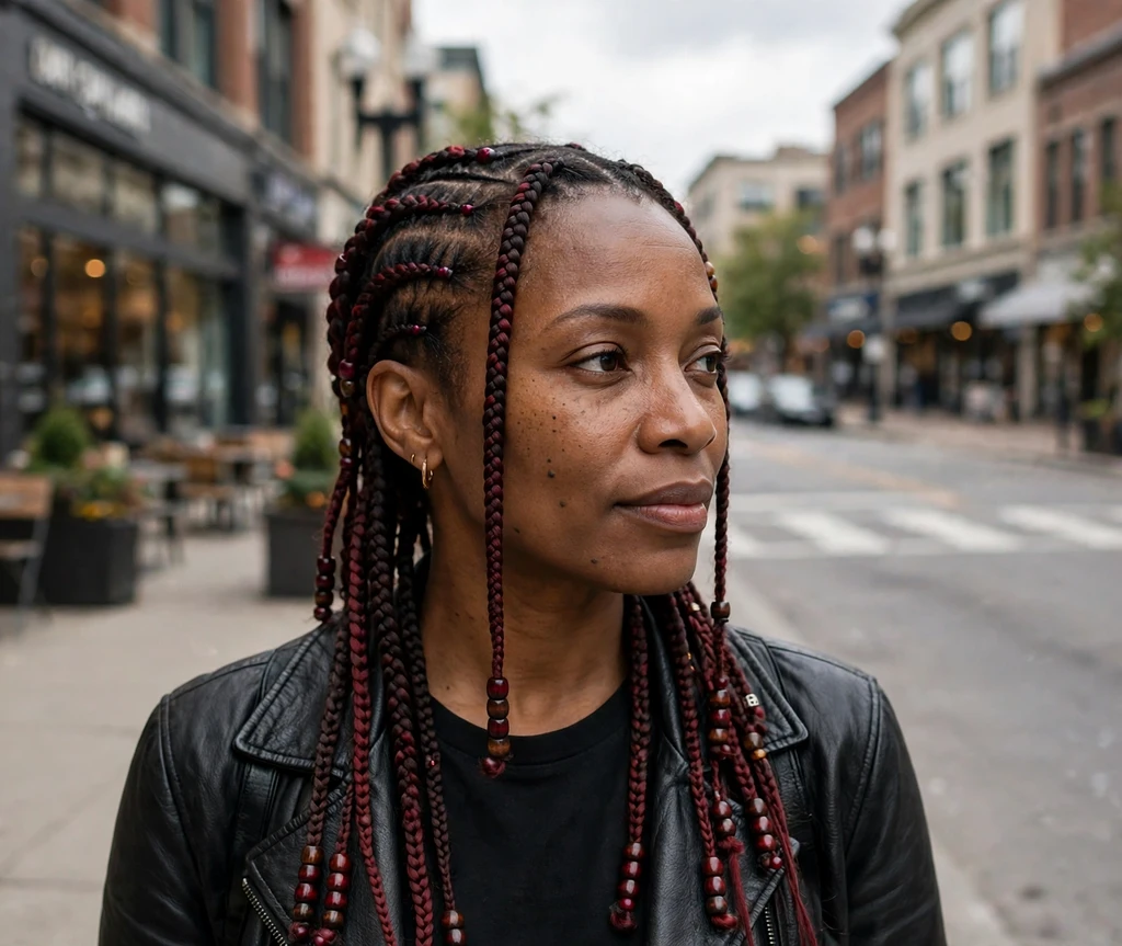 Woman with burgundy-accented Fulani braids on a downtown street