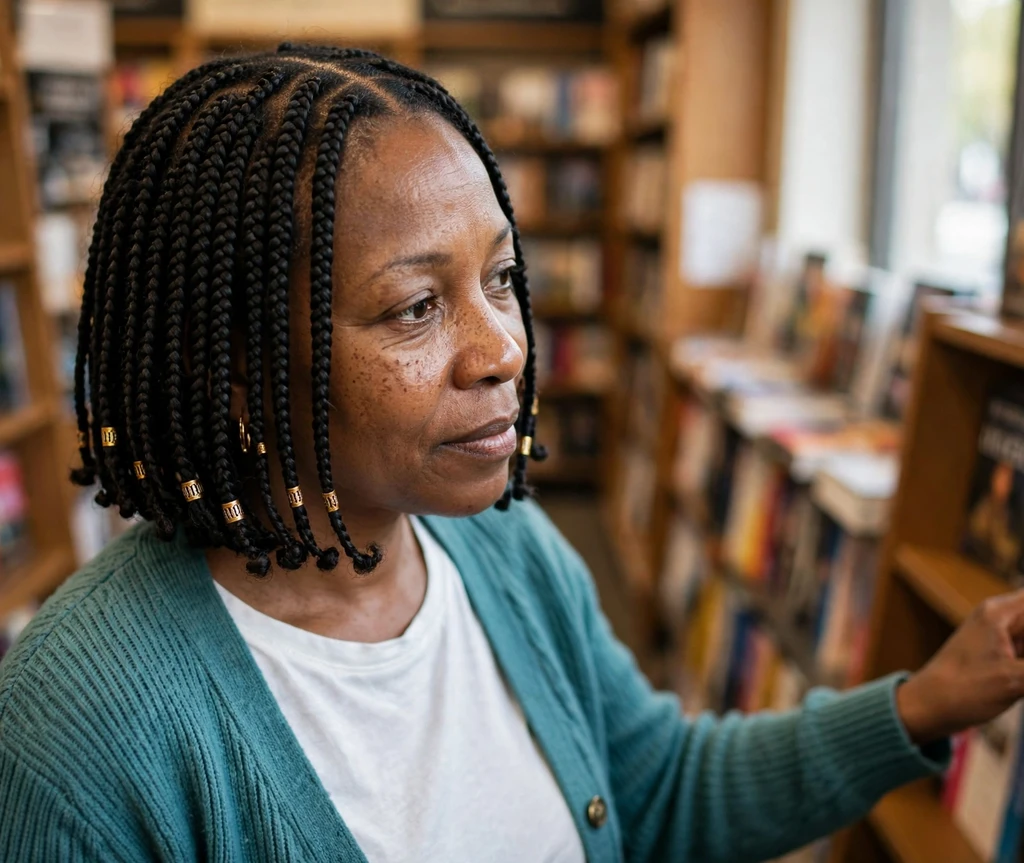 Woman with chin-length bob Fulani braids in a bookstore