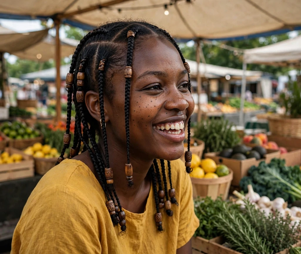 Woman with wooden-beaded Fulani braids at a farmers market