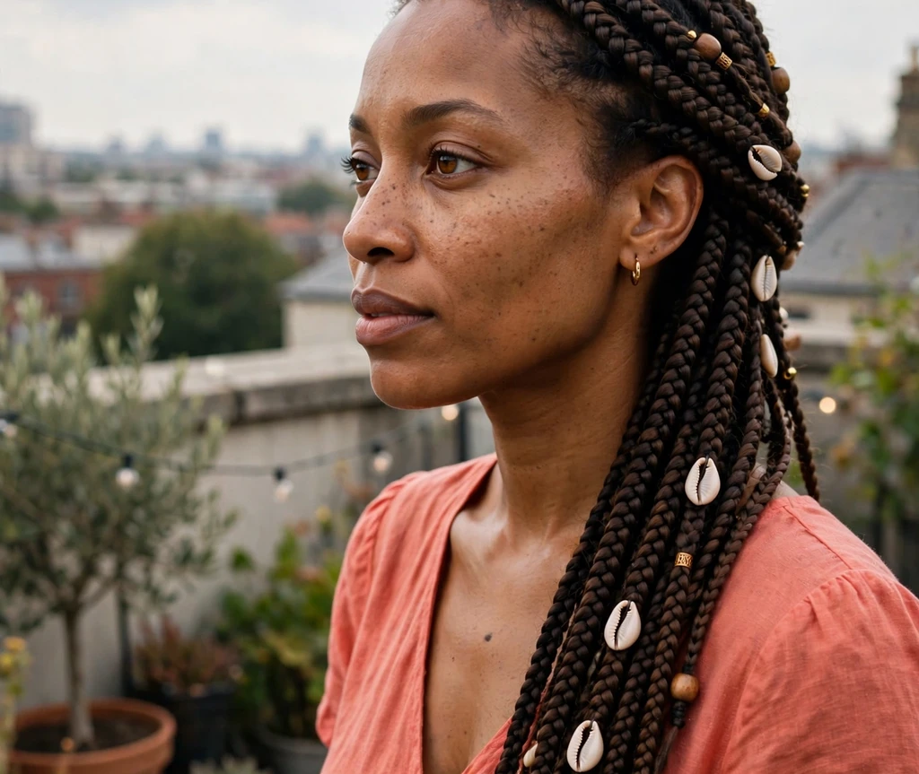 Woman with side-swept Fulani braids and shells on a rooftop terrace