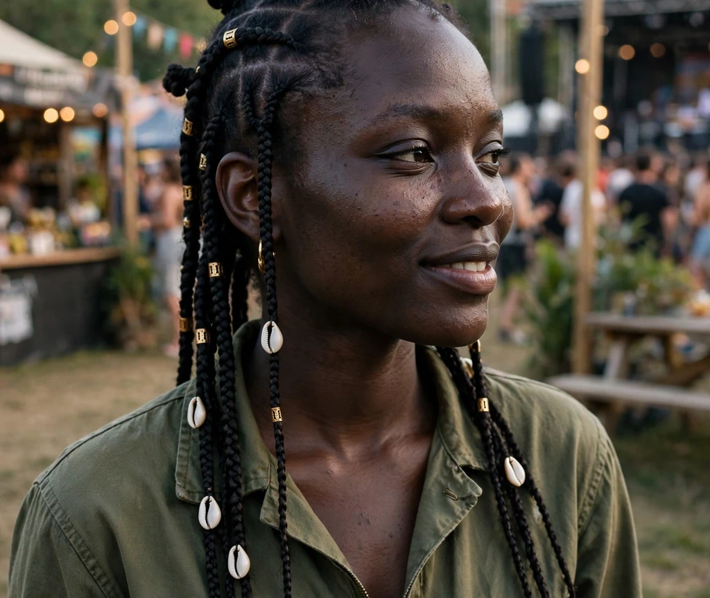 Woman with Fulani braids and bantu knots at a music festival