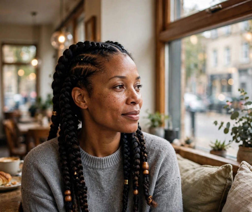 Woman with jumbo Fulani braids in a cozy cafe