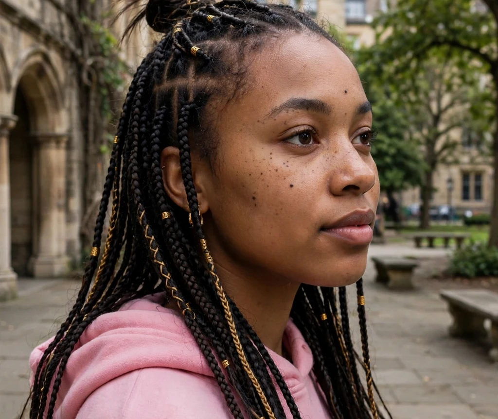 Woman with Fulani braids in a half-up top knot on a university campus