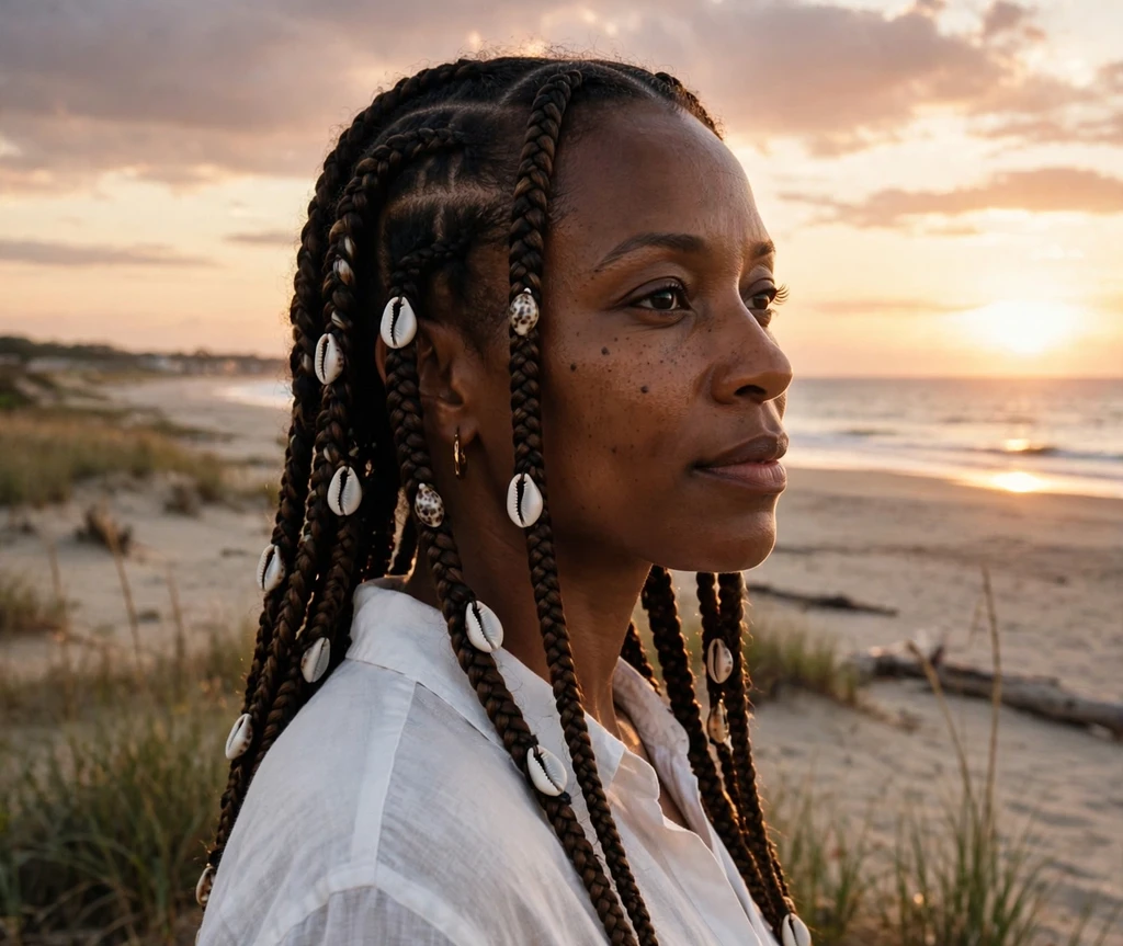 Woman with cowrie-shell Fulani braids on a beach at sunset