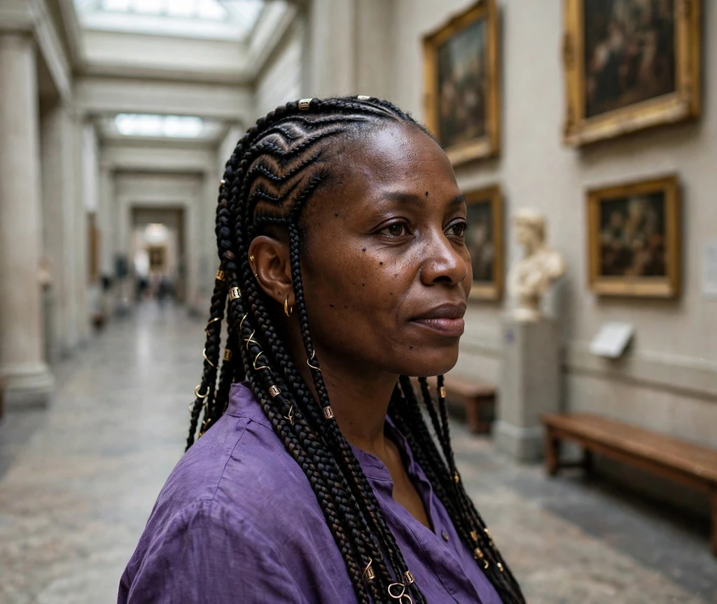 Woman with tribal cornrow Fulani braids in a museum