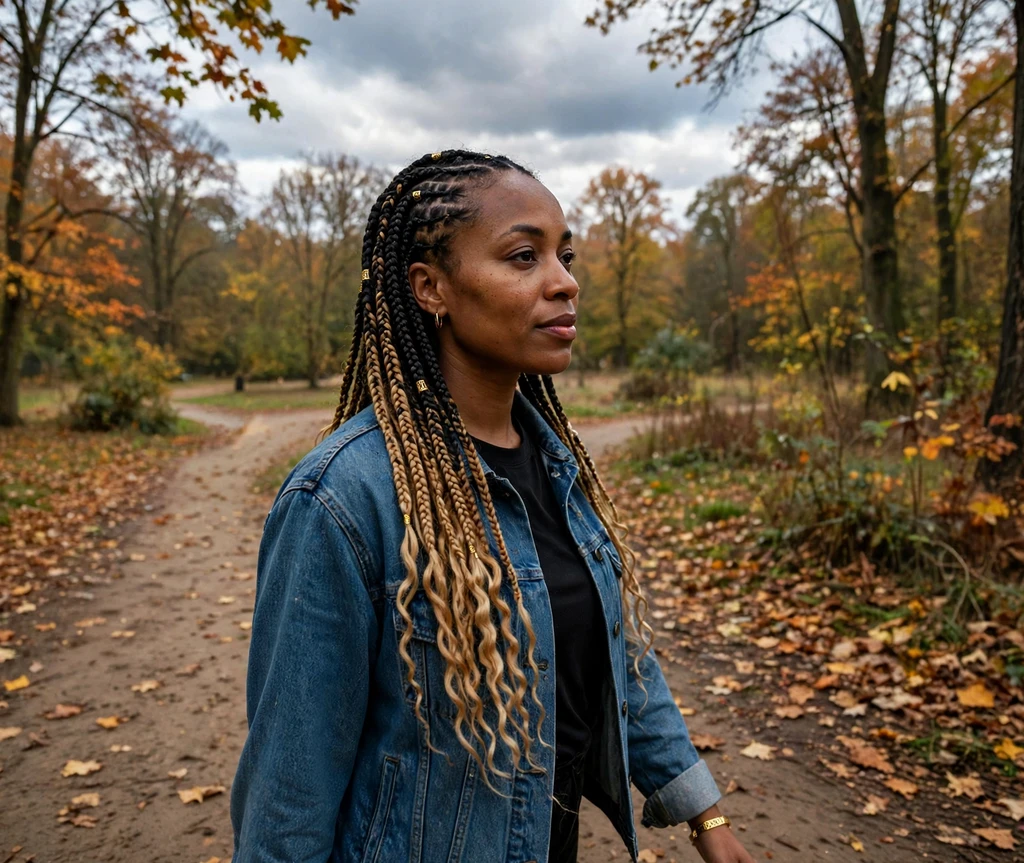 Woman with ombre-ended Fulani braids on an autumn trail