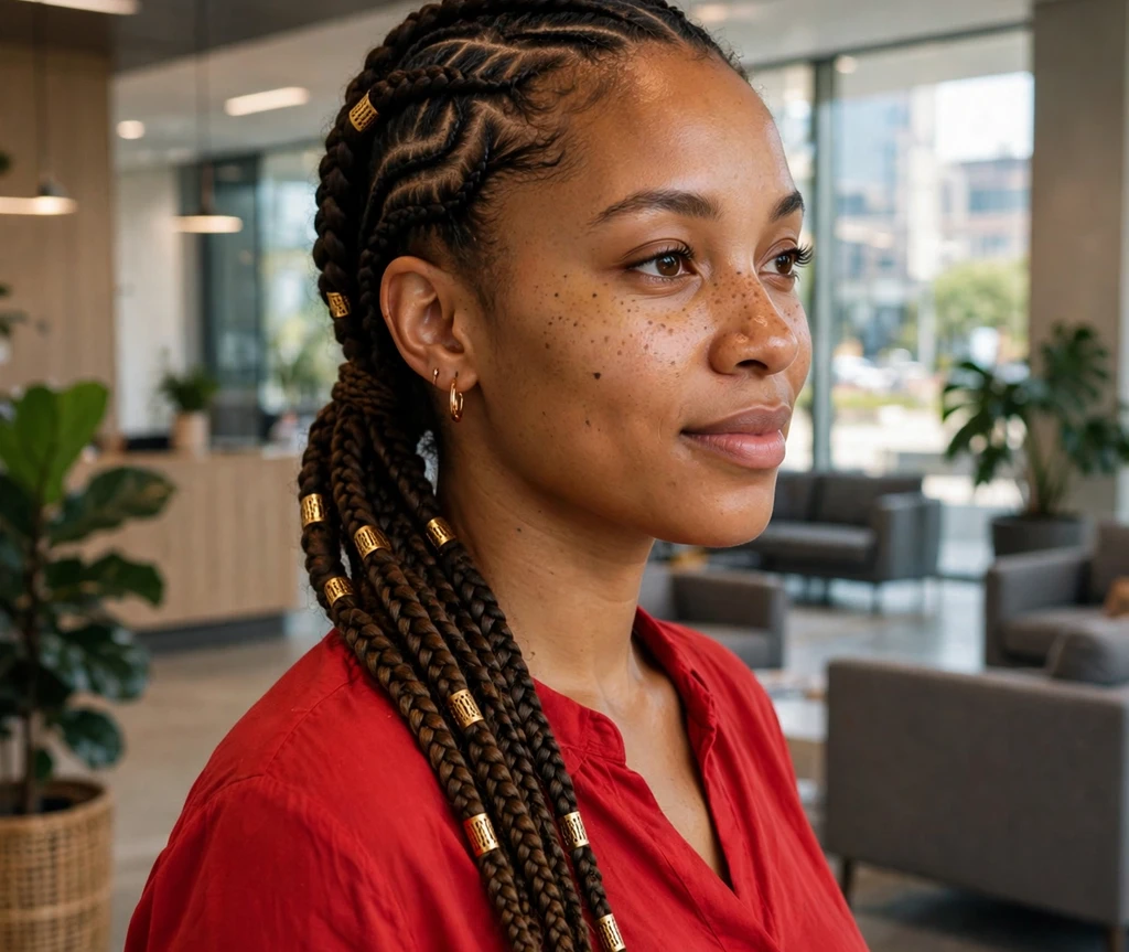 Woman with Fulani braids in a side ponytail in an office lobby