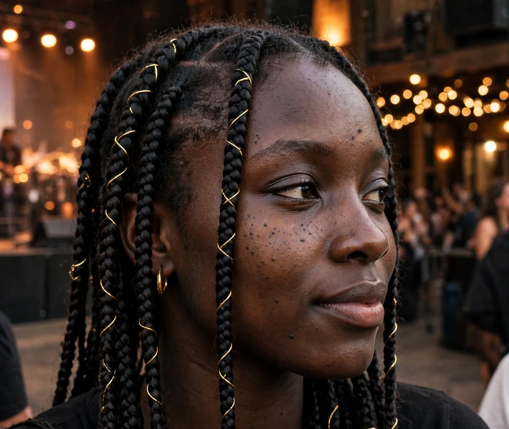 Woman with gold-ringed Fulani braids at a concert