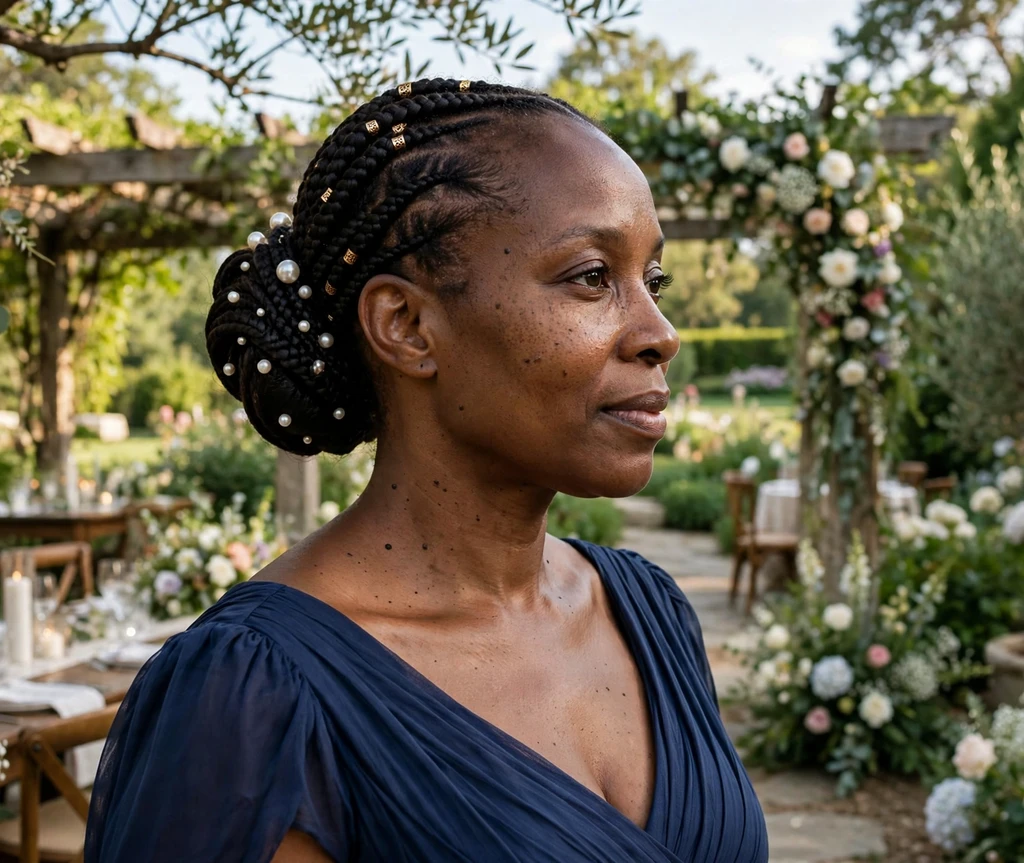 Woman with an elegant low bun Fulani updo in a wedding garden