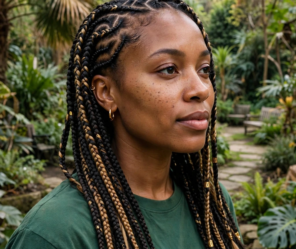 Woman with caramel-highlighted Fulani braids in a botanical garden