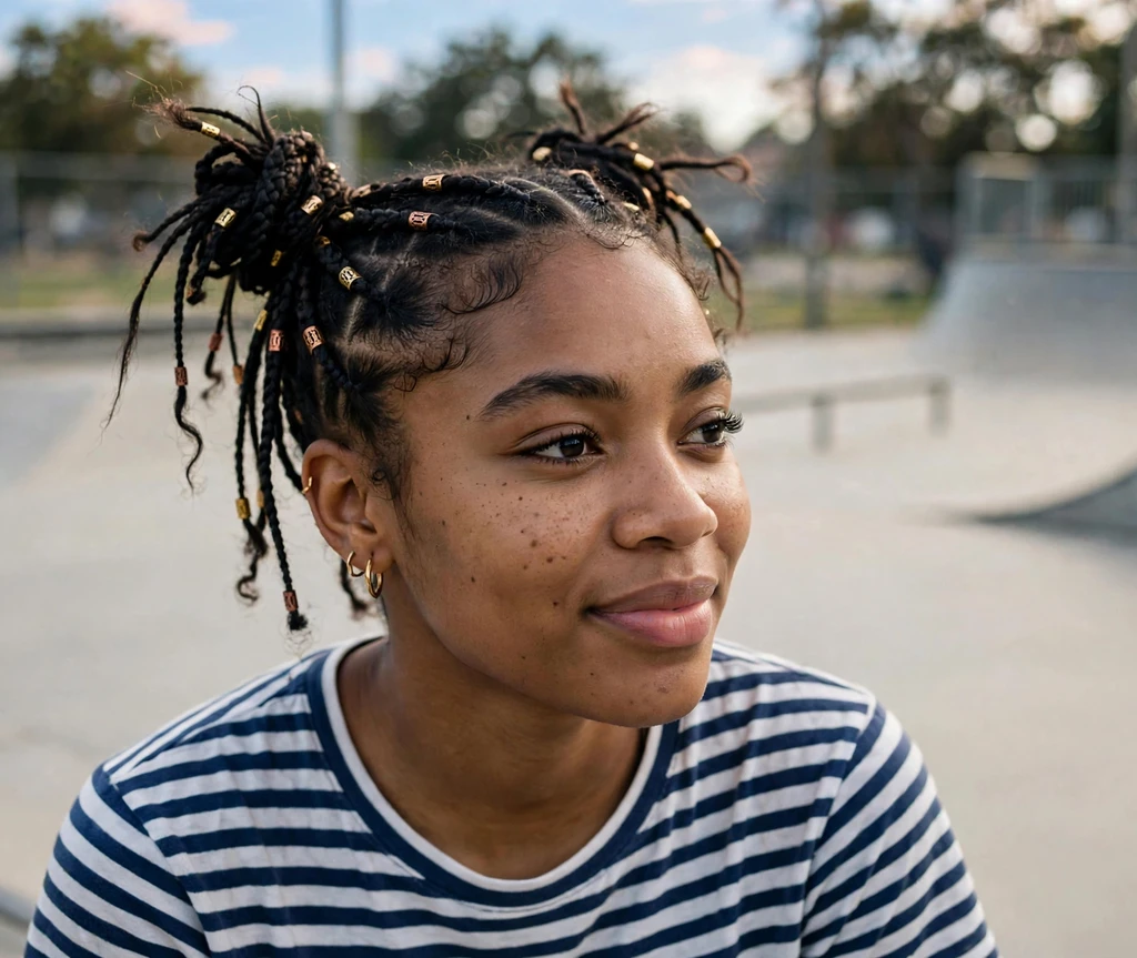 Woman with Fulani braids in a double space buns at a skate park