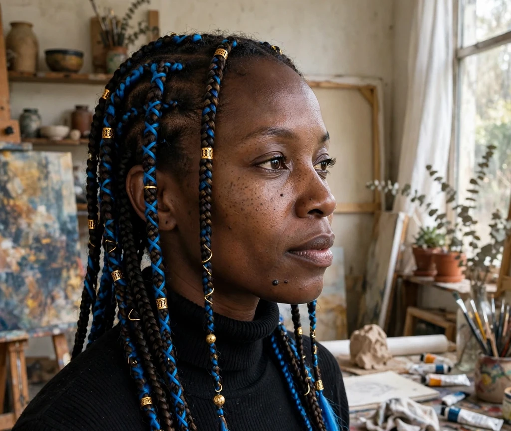 Woman with blue-accented Fulani braids in an art studio