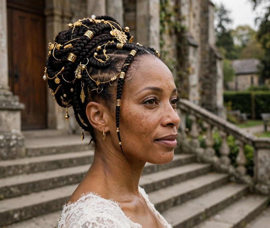Woman with a bridal Fulani braids updo on church steps