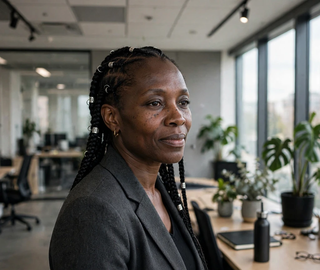 Woman with silver-cuffed Fulani braids in an office