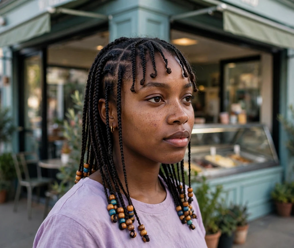 Woman with Fulani braids and braided bangs at an ice cream shop