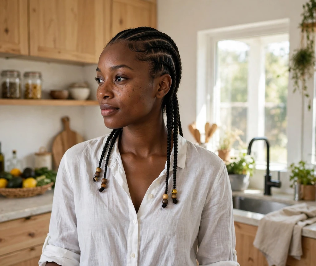 Woman with sleek feed-in Fulani braids in a bright kitchen