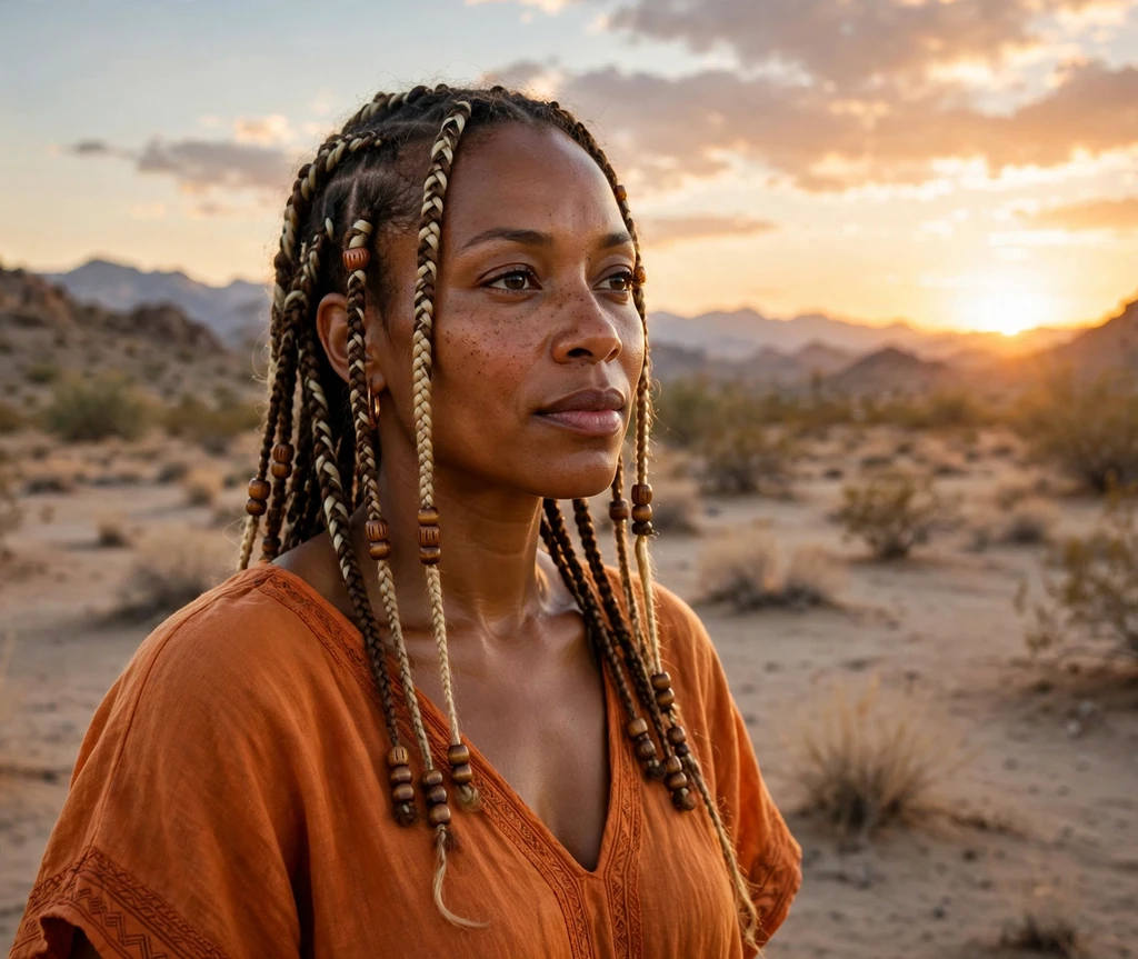 Woman with blonde-streaked Fulani braids in a desert at sunset