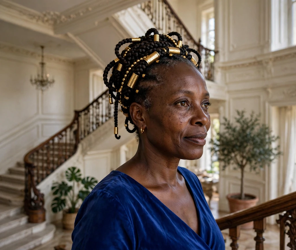 Woman with a Fulani braids crown updo on a staircase