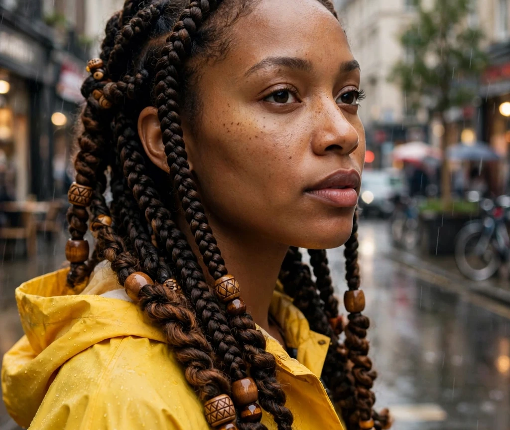 Woman with chunky-ended Fulani braids on a rainy street