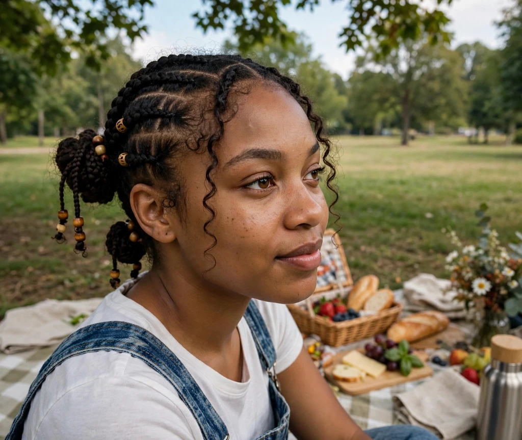 Woman with Fulani braids in twin buns at a park picnic