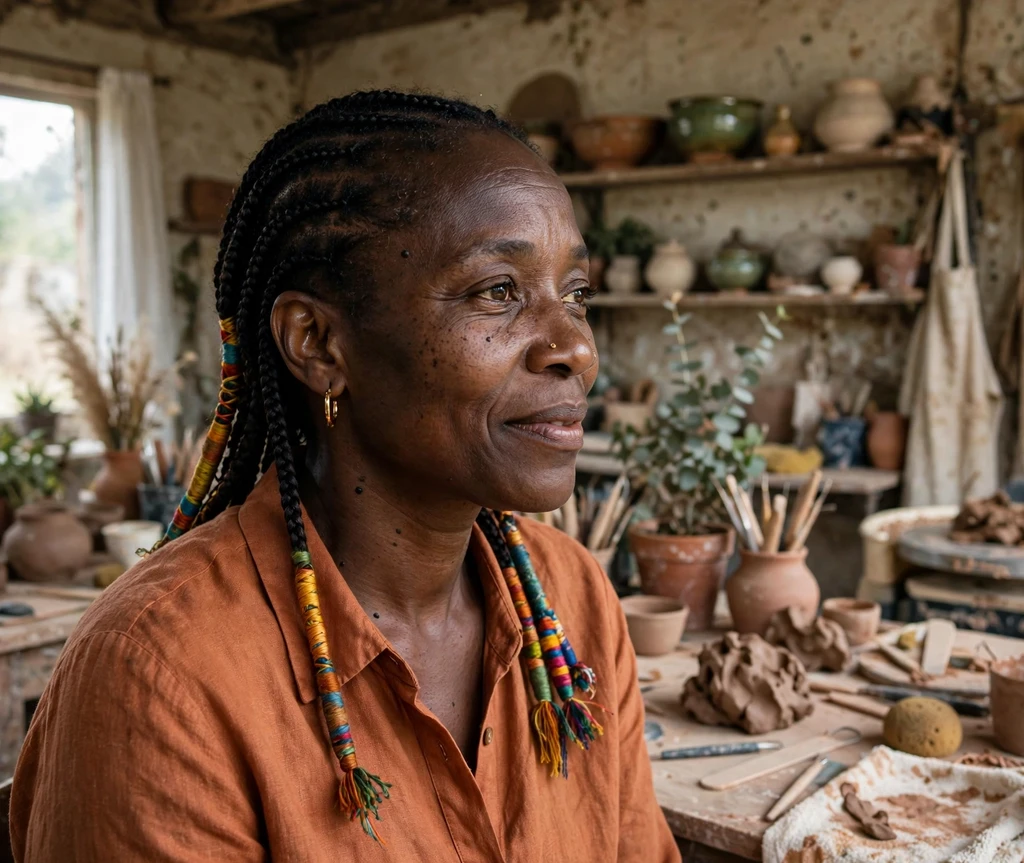 Woman with thread-wrapped Fulani braids in a pottery studio