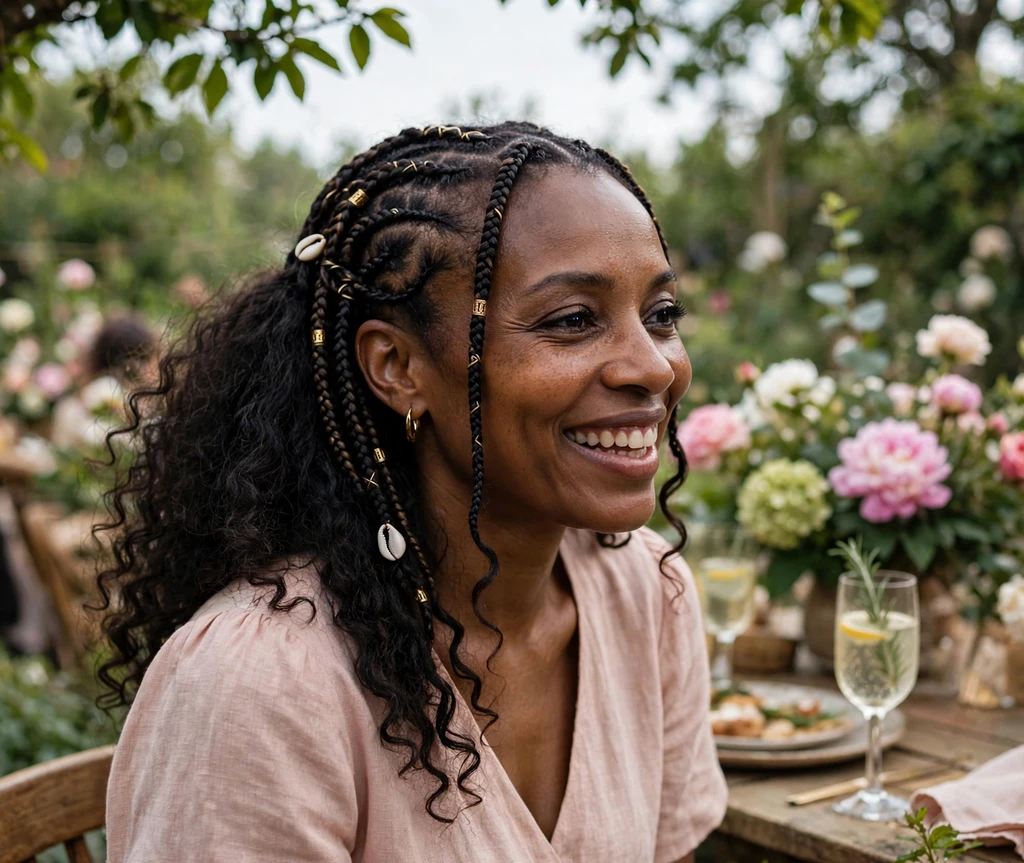 Woman with Fulani braids mixed with loose curls at a garden party