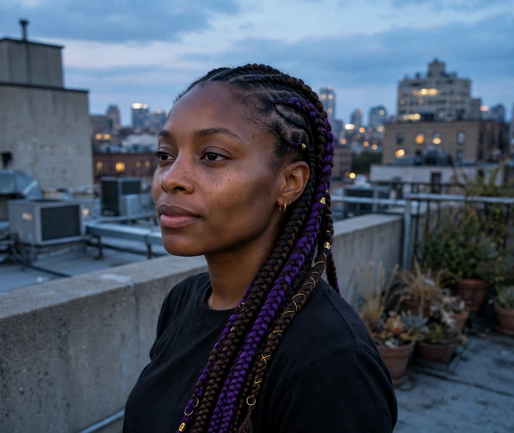 Woman with purple-accented Fulani braids on a rooftop at dusk