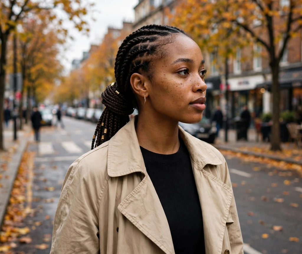 Woman with Fulani braids in a sleek low ponytail on a city avenue