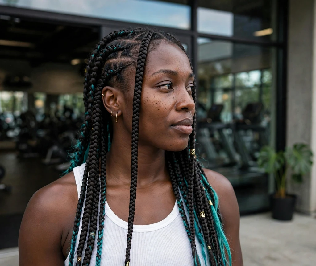 Woman with peekaboo-teal Fulani braids at a gym entrance