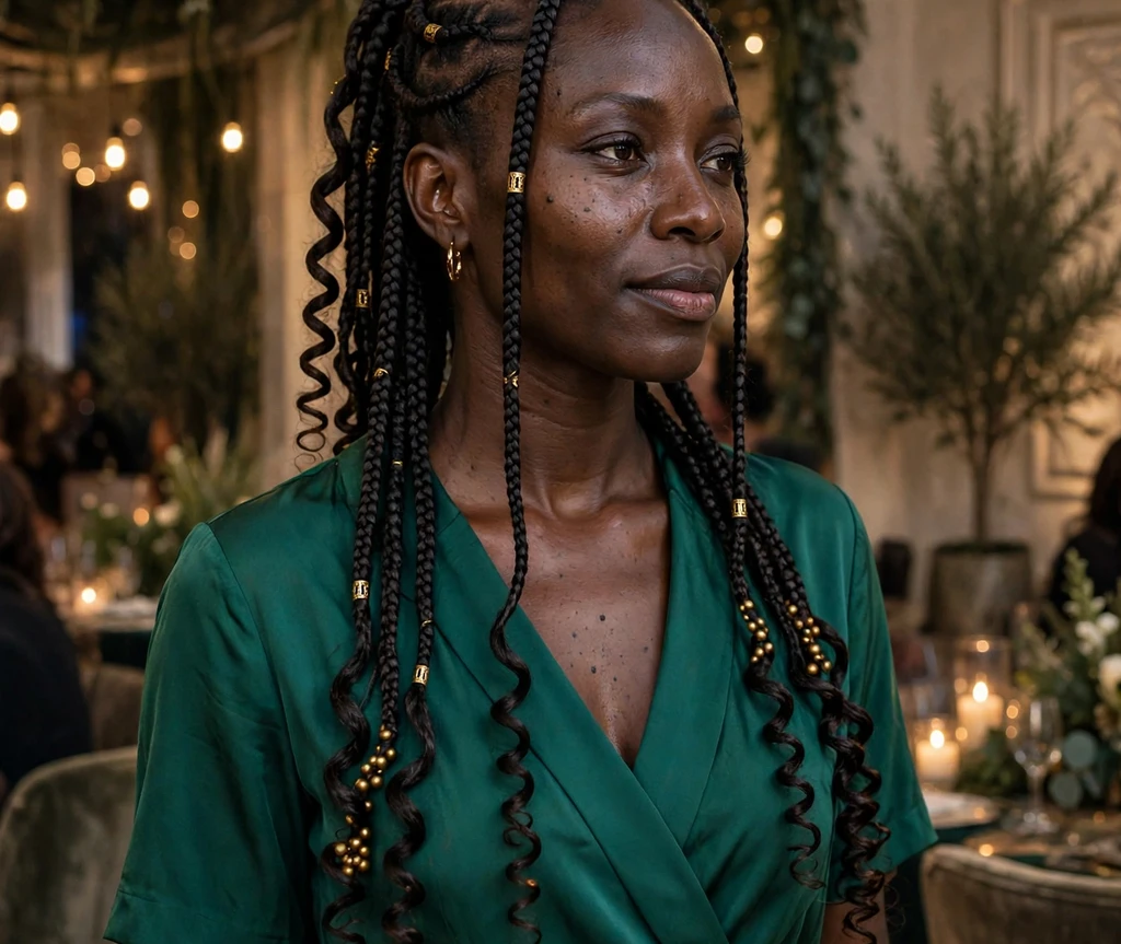 Woman with spiral-curled Fulani braids in an event hall