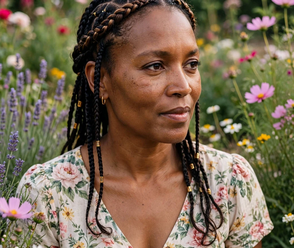 Woman with Fulani braids and a braided headband in a flower garden