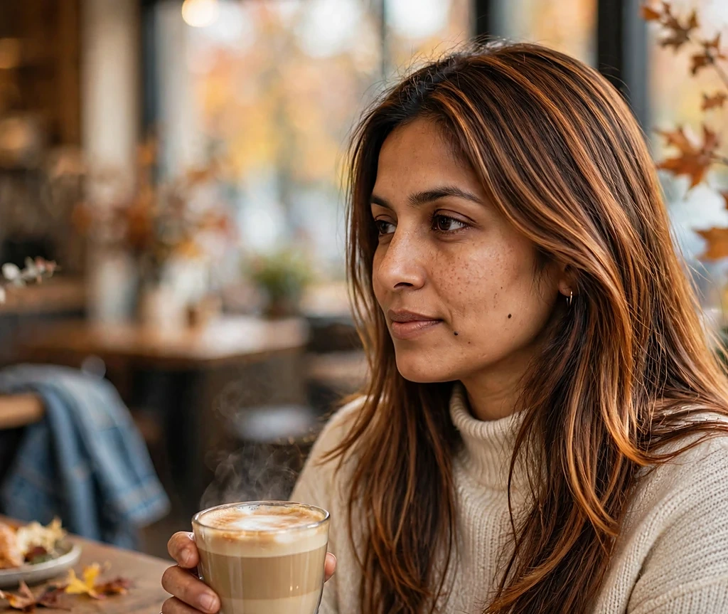 Woman with copper-gold ombré ends on long layered hair holding a latte in an autumn café