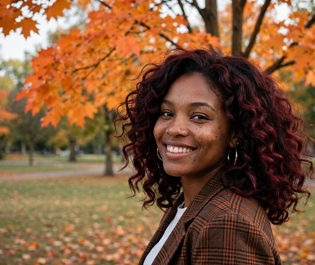 Woman with burgundy cherry-cola balayage on voluminous curls smiling over her shoulder in a park
