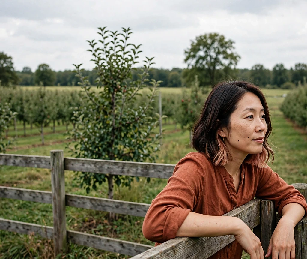 Woman with rose-gold peekaboo highlights under a dark chestnut bob leaning on a fence in an orchard