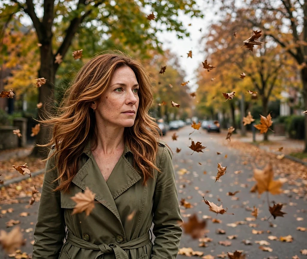 Woman with copper penny balayage long waves walking down a tree-lined street with falling leaves