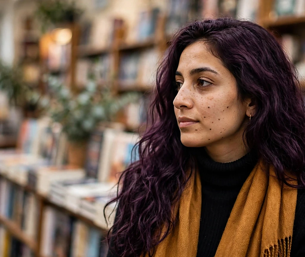Woman with deep plum velvet long waves wearing an amber scarf in a cozy bookstore